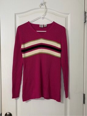 Maternity Pink Ribbed V-Neck Sweater with Striped Chest